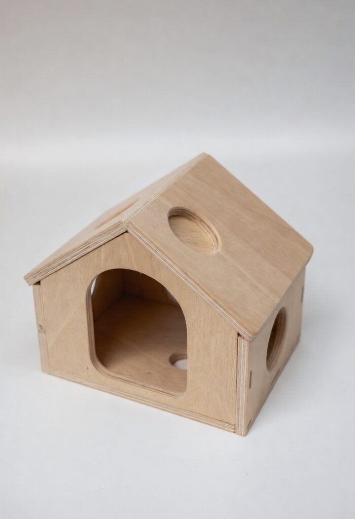 Holzhaus für Kaninchen mit runden Öffnungen am Dach und auf den Seiten sowie einem großen Eingang auf der Vorderseite